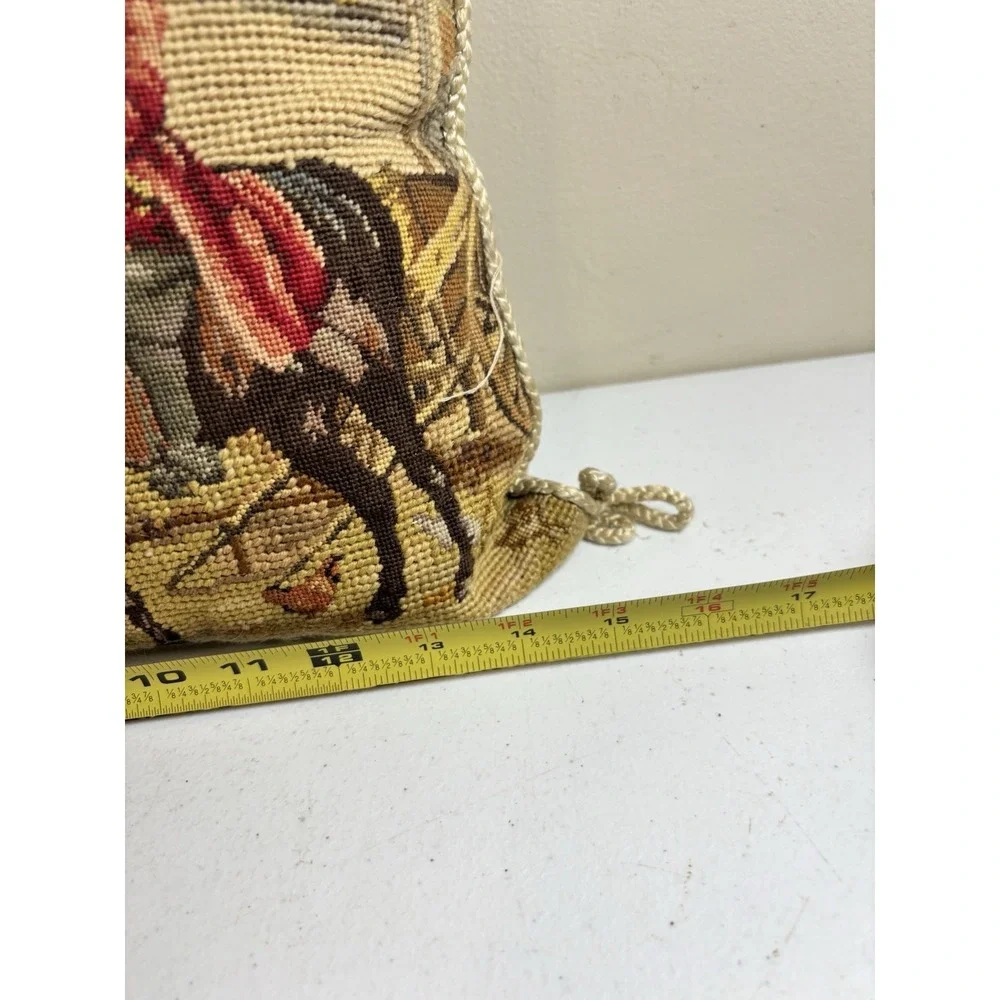 Petit Point Wool Horse Riders Colonial Needlepoint Pillow Zip Velvet Back 10x15